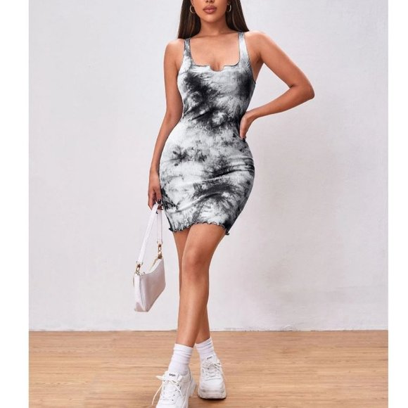 Notch Neck Ribbed Tie Dye Mini Bodycon Summer Dress Size Large - Picture 2 of 14